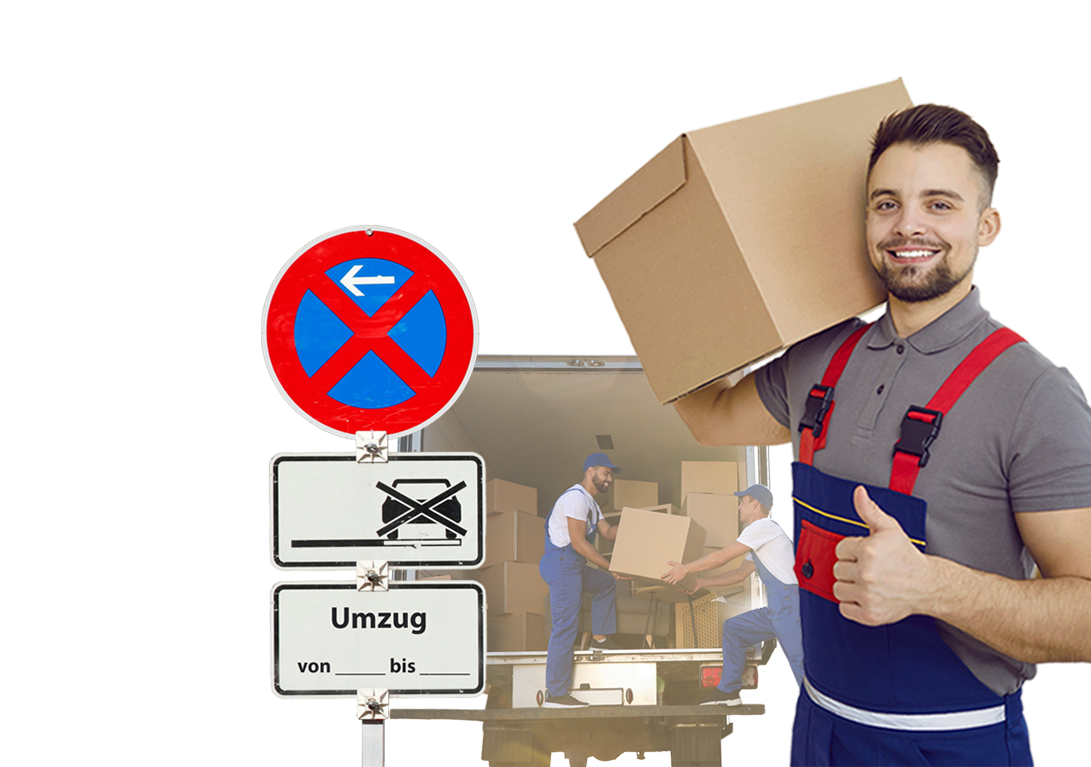 Umzugsunternehmen lädt Kartons in LKW vor reserviertem Parkplatz mit Halteverbot