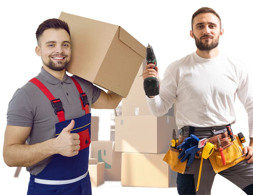 Umzugshelfer tragen Umzugskartons beim Umzug